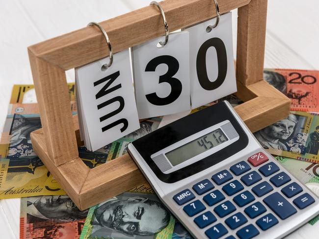 Calculator with wooden calendar: Australian money tax generic