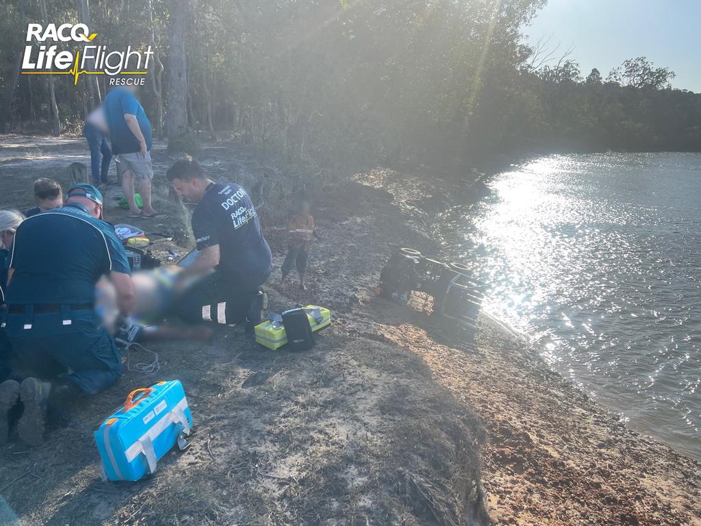 The RACQ LifeFlight Rescue helicopter was tasked to the Fraser Coast region Tuesday afternoon after a man rolled a quad bike off a sandy embankment in a national park. Picture: RACQ LifeFlight Rescue