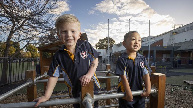 Government has announced $170m in loans available to private preschools. St Thomas Preschool students Noah and James, both 4. Picture: Brett Hartwig.