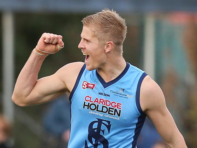 Kory Beard (Sturt) celebrates after he kicked a goal during the third quarter. Glenelg v Sturt, SANFL Football, at Glenelg Oval. 19/06/16  Picture: Stephen Laffer