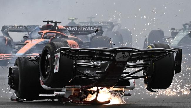 Alfa Romeo's Chinese driver Zhou Guanyu skids across the track