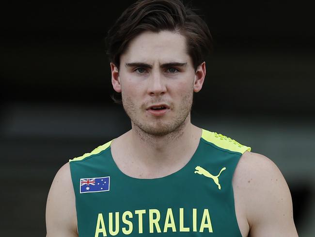 SUVA, FIJI  June 4, 2024.  Oceania Athletics Championships at HFC Bank Stadium, Suva.  Mens 100 mtr heats.  Australian sprinter Rohan Browning before his heat    . Pic: Michael Klein