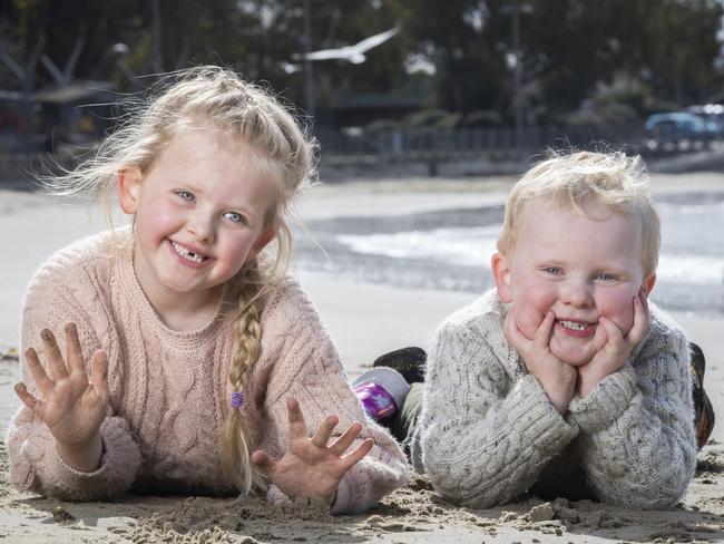 Hannah 6 and Oliver Robertson 4 at Long Beach, Sandy Bay. Picture: Chris Kidd