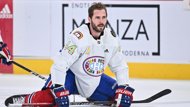 The Montreal Canadiens’ Joel Edmundson in the Pride night warm-up jersey. Photo by Minas Panagiotakis/Getty Images