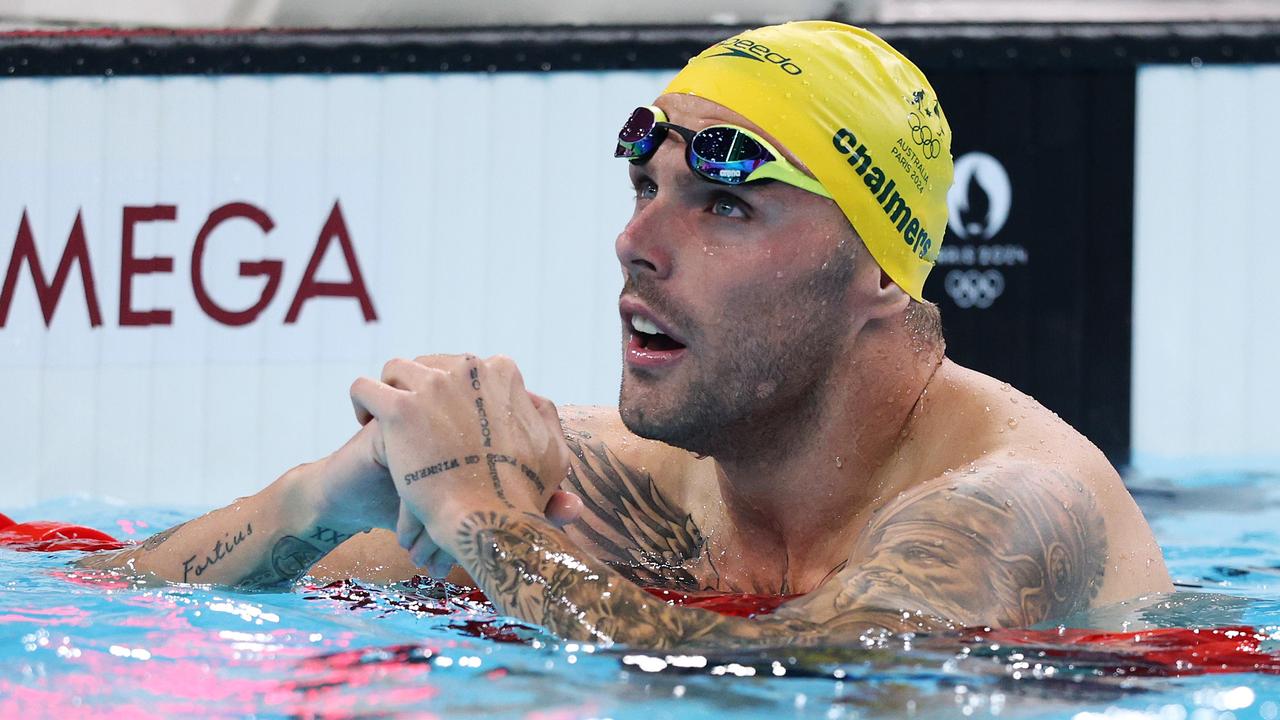 NANTERRE, FRANCE – AUGUST 03: Kyle Chalmers of Team Australia reacts after competing in the Men's 4x100m Medley Relay Heats on day eight of the Olympic Games Paris 2024 at Paris La Defense Arena on August 03, 2024 in Nanterre, France. (Photo by Adam Pretty/Getty Images)