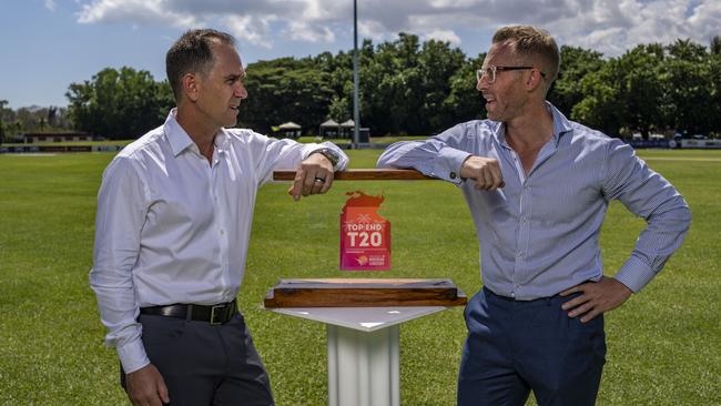 Justin Langer and NT Cricket chief executive Gavin Dovey with the 2024 Top End T20 trophy. Picture: Patch Clapp / NT Cricket