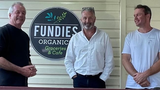 Fundies Organics cafe owner Paul Waters, Byron Shire Councillor Mark Swivel and Josh Waters.