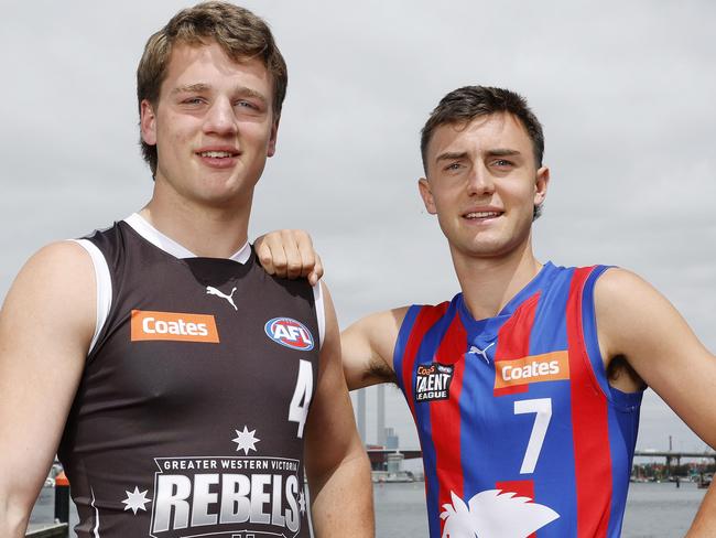 NCA. MELBOURNE, AUSTRALIA. 19th November 2024.  AFL.   Top 5 AFL draft hopefuls Sam Lalor and Jagga Smith ahead of tomorrow nights AFL Draft .  Picture: Michael Klein