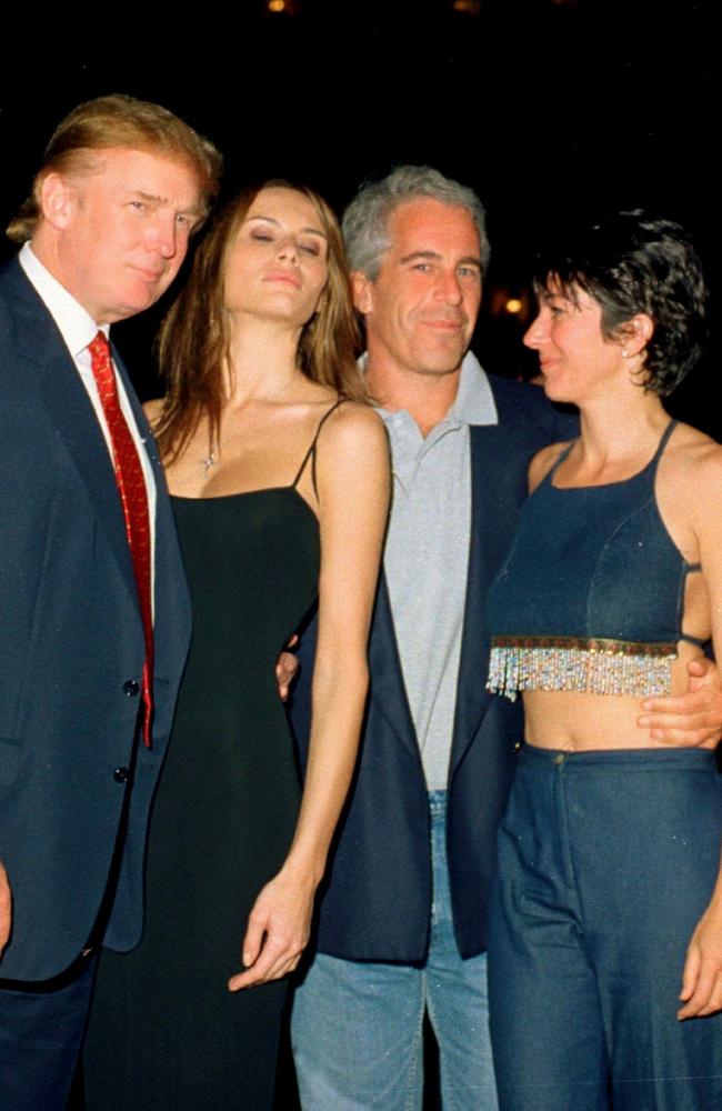 Mr Trump with his future wife, Melania Knauss, Mr Epstein and Ghislaine Maxwell at the Mar-a-Lago club in Palm Beach in 2000. Picture: Davidoff Studios/Getty Images