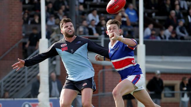 Aberfeldie’s Josh Pound and Keilor’s Billy Iles do battle in this year’s Premier Division grand final. Picture: Mark Dadswell