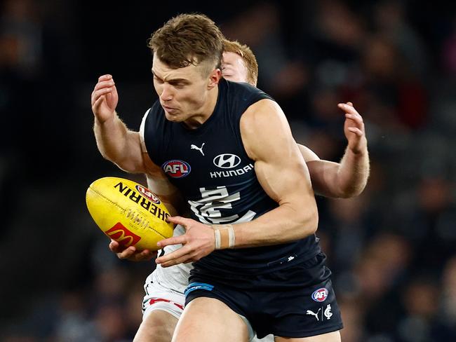 Willem Drew got the big job on Patrick Cripps. Picture: Michael Willson/AFL Photos via Getty Images