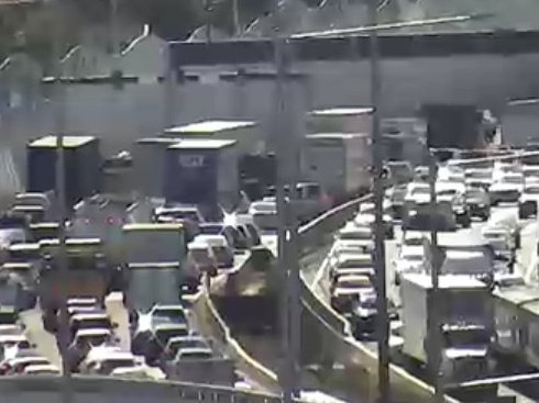 Motorists are being warned of severe outbound delays on the West Gate Freeway due to a collision near Williamstown Road. Picture: VicTraffic