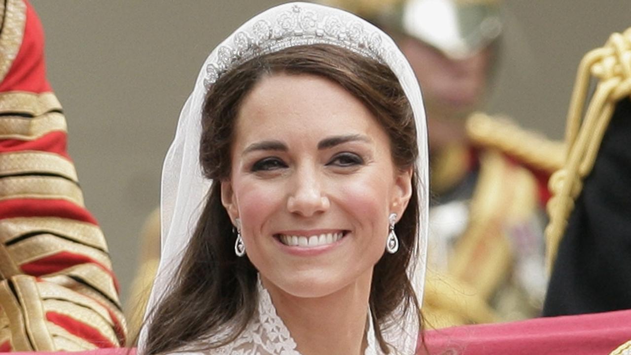 In lieu of the real thing, Kate used a tacky plastic tiara to practice her wedding hair. Picture: Indigo/Getty Images.