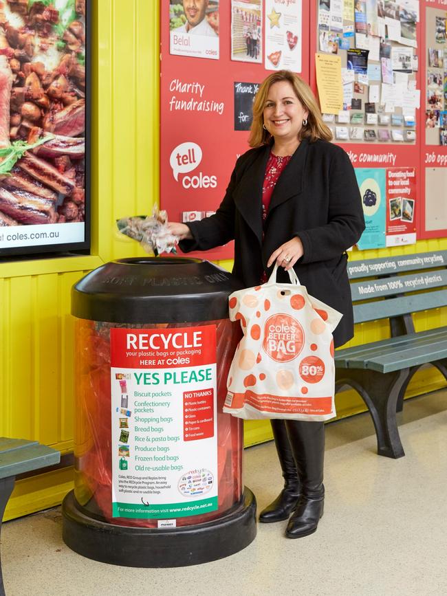 RED Group Director of Development Elizabeth Kasell at a REDcycle bin at Coles. Picture: Supplied