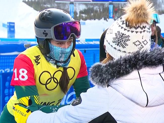 Belle Brockhoff was consoled by Lydia Lassila on Channel 7. Photo: Seven.