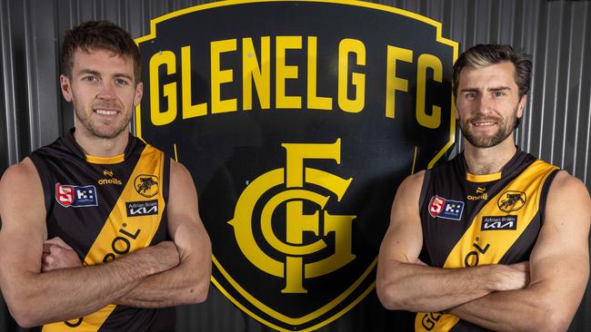 Chris Curran (left) and Max Proud at Glenelg Oval this week. Picture: Ben Clark