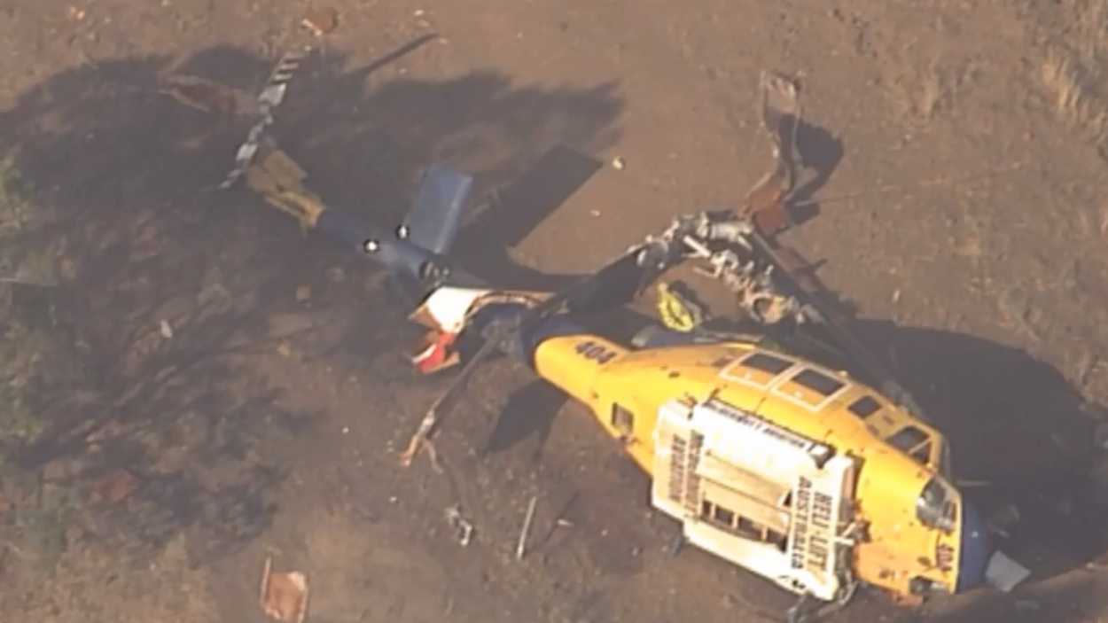 The helicopter that crashed at Pechey, near Hampton, as seen from the 7 News/ABC News helicopter. 