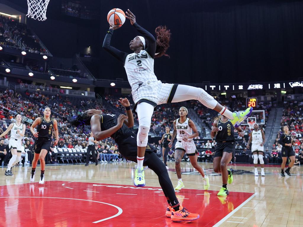 Kahleah Copper, #2 of the Chicago Sky, drives into Chelsea Gray, #12 of the Las Vegas Aces, in the first quarter of Game One of the 2023 WNBA Playoffs first round. Gray was called for a foul on the play. Picture: Ethan Miller/Getty Images