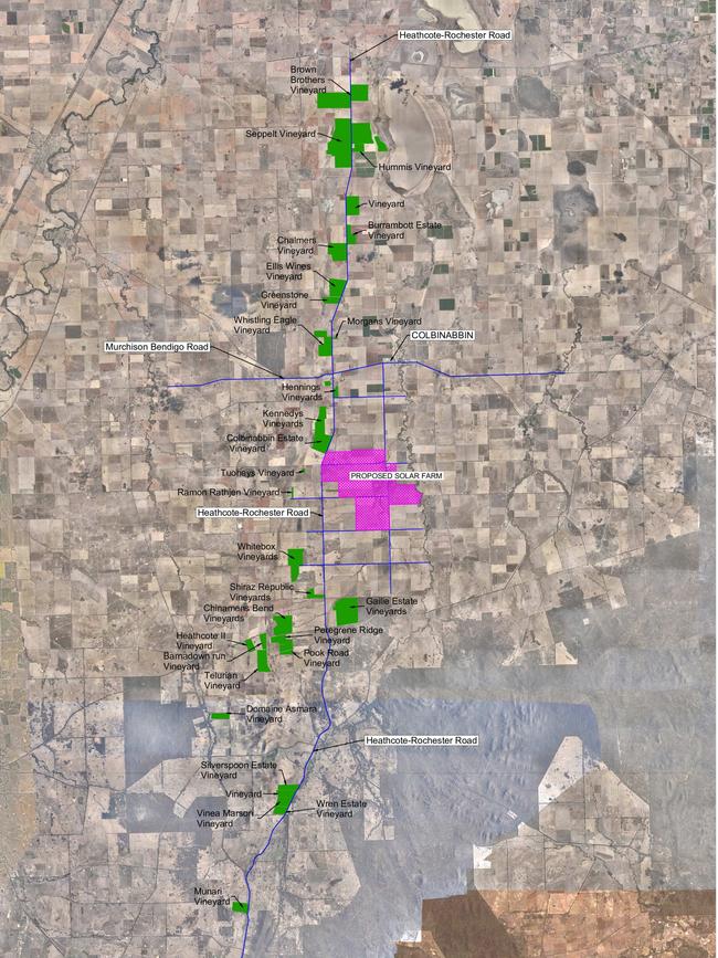 Aerial view of Central Victoria's Heathcote wine region, showing key vineyards and the proposed location of the 2000Ha Cooba Solar farm.