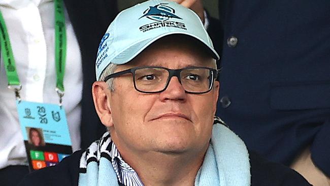 Australian Prime Minister Scott Morrison attending the NRL match between the Cronulla Sharks and Penrith Panthers at Kogarah Oval. Picture. Phil Hillyard