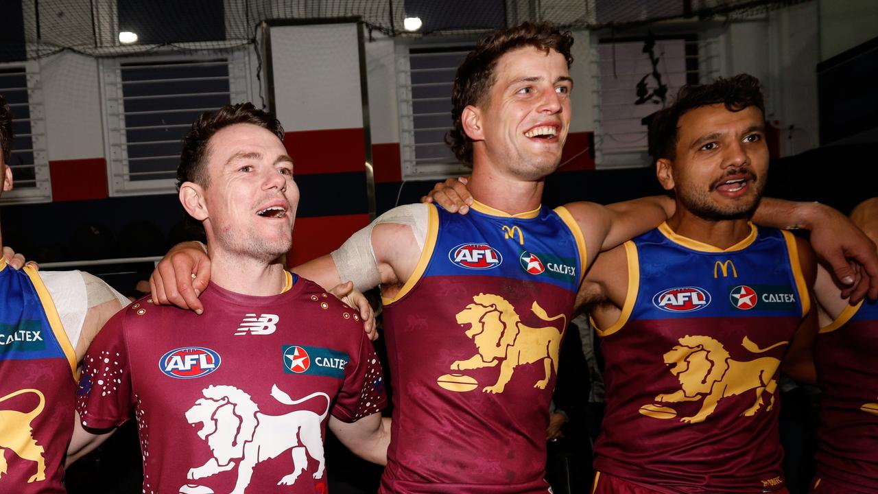 Brisbane superstar Lachie Neale (left) says the Lions are more tight-knit than ever despite a challenging start to the season. Picture: Dylan Burns / Getty Images