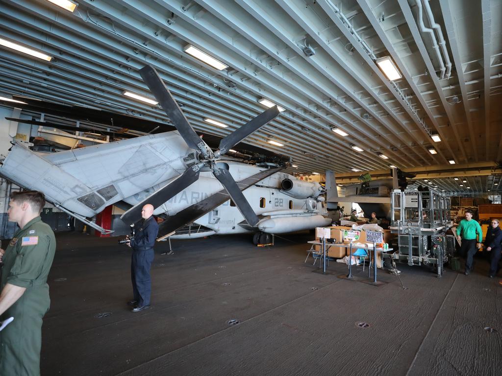 On the lower deck of the ship. Photos on board the USS Wasp. Pic Peter Wallis