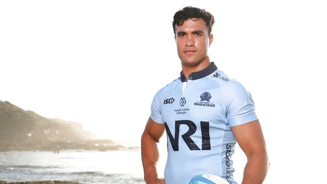 SYDNEY, AUSTRALIA - FEBRUARY 05:  Joseph-Aukuso Suaalii of the Waratahs poses during the 2025 Super Rugby Season Launch at Little Bay Beach on February 05, 2025 in Sydney, Australia. (Photo by Matt King/Getty Images)