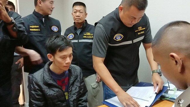 Suthipong Saleesongsom, aka “Pack”, boyfriend of child sex predator Ruecha Tokputza, being arrested and charged with offences in Thailand. Picture: Independent News Network.