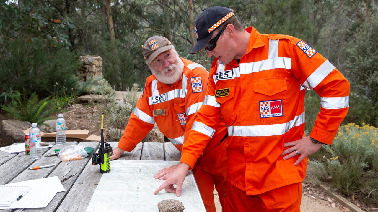 Police and SES crews scour rugged terrain in Mount Buffalo as they search for missing Melbourne couple, Trevor Salvado and Jacinta Bohan. Picture: Sarah Matray