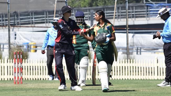 (L-R) Samantha Williams (UTS North Sydney) congratulates Aditi Shidore after her innings of 74, U18s Brewer Shield, NSW Women's Premier Cricket, UTS North Sydney v Campbelltown Camden, R12, Bon Andrews Park, North Sydney, Sunday, February 3, 2025. Picture: Mark Williams