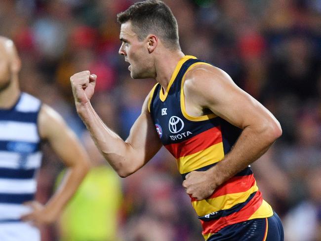 Brad Crouch of the Crows celebrates a goal during the Round 3 AFL match between the Adelaide Crows and Geelong Cats at the Adelaide Oval in Adelaide, Thursday, April 4, 2019. (AAP Image/David Mariuz) NO ARCHIVING, EDITORIAL USE ONLY