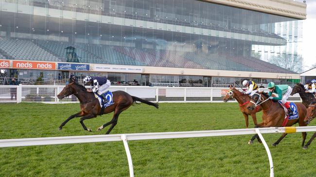 Russian Camelot wins the Underwood Stakes at Caulfield in front of an empty grandstand. Photo: Reg Ryan/Racing Photos via Getty Images