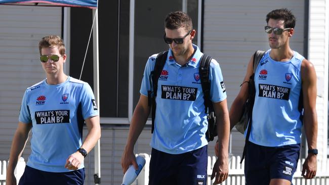 Injured NSW trio (L-R) Steve Smith, Josh Hazelwood and Mitchell Starc. Picture: AAP