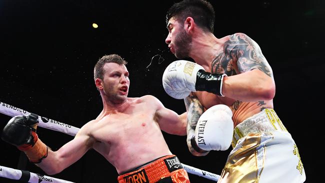 Michael Zerafa rocks Jeff Horn with a huge right. Picture: Getty Images