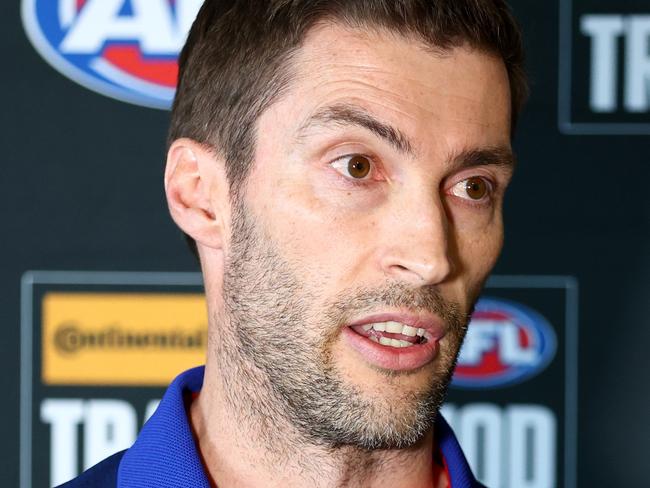 MELBOURNE, AUSTRALIA - OCTOBER 07: Sam Power, Western Bulldogs General Manager of List and Recruiting speaks during the 2024 Continental Tyres AFL Trade Period at Marvel Stadium on October 07, 2024 in Melbourne, Australia. (Photo by Josh Chadwick/AFL Photos via Getty Images)