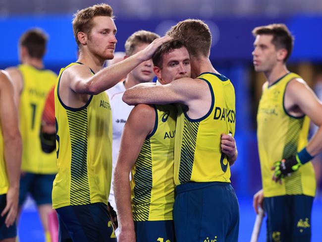 Belgium win gold after a tense penalty shoot out and Jacob Whetton is inconsolable after missing the last shot during the Gold medal Hockey game between Australia and Belgium at the Oi Hockey Stadium at the 2020 Tokyo Olympics. Pics Adam Head