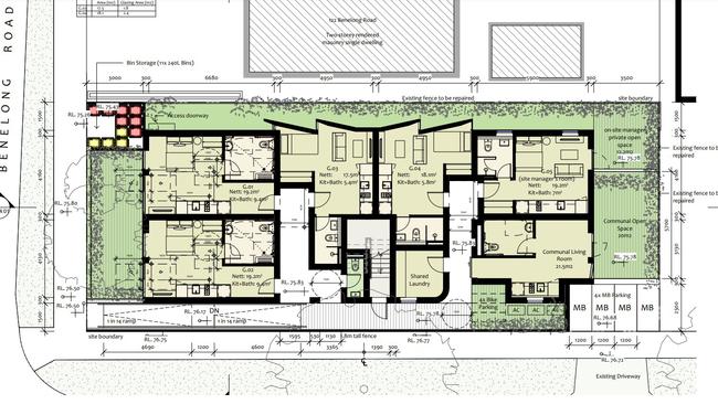 An architectural plan of the development, showing the carparking arrangements at bottom right.