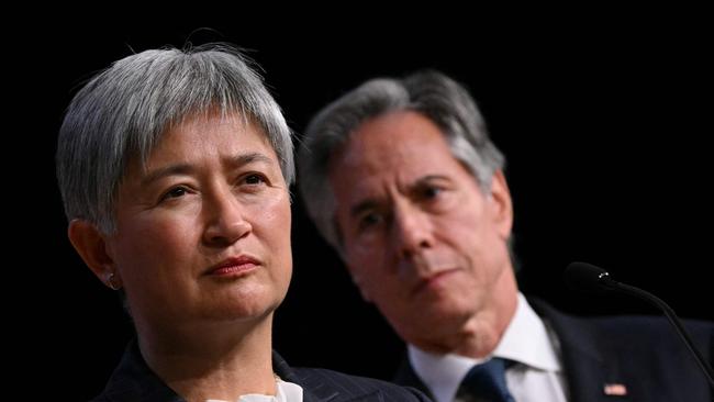 US Secretary of State Antony Blinken (2) and Australian Foreign Minister Penny Wong look on at a press conference during the 2024 Australia-US Ministerial Consultations at the US Naval Academy in Annapolis, Maryland, on August 6, 2024. (Photo by Drew ANGERER / AFP)