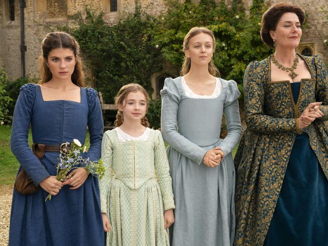 Bader alongside Robyn Betteridge as Margaret Grey, Isabella Brownson as Katherine Grey and Anna Chancellor as Frances Grey. Picture: Prime Video
