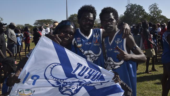 Buffaloes following the win in the Tiwi Island Football League grand final between Tuyu Buffaloes and Pumarali Thunder. Picture: Max Hatzoglou