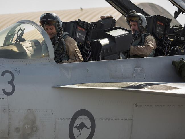 Royal Australian Air Force F/A18F Super Hornet aircrew in the Middle East. The RAAF has ‘mitigation’ processes in place to reduce the risk of further poisoning. Picture: Defence