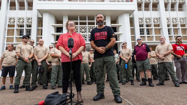 United Workers Union NT secretary Erina Early standing outside NT Parliament House with more than 40 Corrections officers on Tuesday February 11, 2025. Picture: Pema Tamang Pakhrin