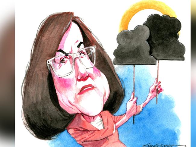 ACCC Chair Gina Cass-Gottlieb holds up dark clouds in front of Suncorp logo, For Weekend Australian Business, 05 August 2023. Art: Sturt KrygsmanVersion: Business Cartoon  (1280x720 - Aspect ratio preserved, Canvas added)COPYRIGHT: The Australian's artists each have different copyright agreements in place regarding re-use of their work in other publications.Please seek advice from the artists themselves or the Managing Editor of The Australian regarding re-use.