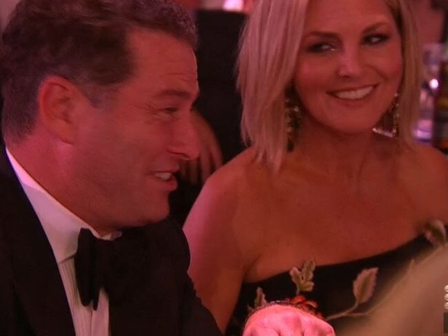 Karl Stefanovic and Georgie Gardener react during Dave Hughes opening Logies speech Picture: Channel 9