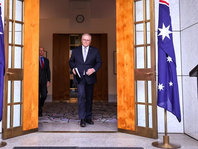 Scott Morrison prepares to speak to the media on Monday. Picture: Getty Images