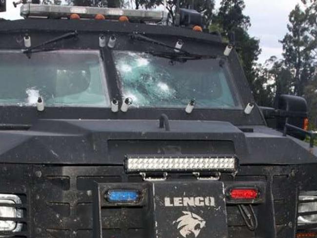 The SERT Bearcat vehicle that was shot at by Nathaniel Train using Matthew Arnold's pistol.