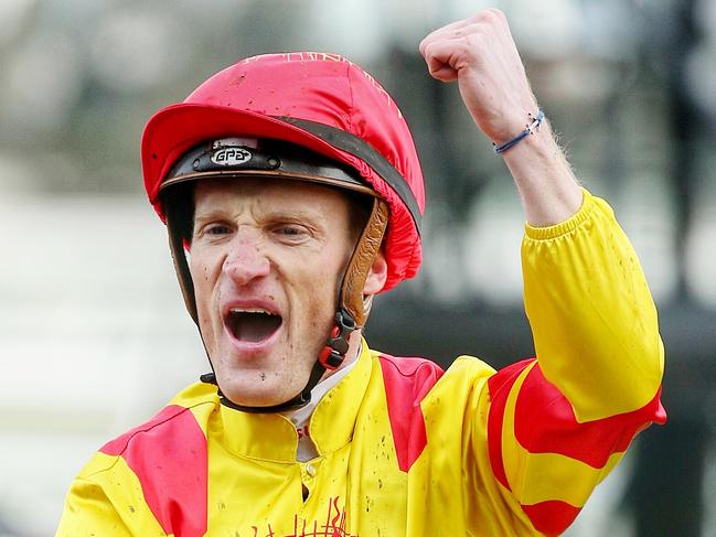 Sofitel Girls Day Out at Flemington Racecourse, Race - 7- Mark Zahra celebrates his win onboard Palentino  to win the Makybe Diva Stakes . 10th September 2016. Picture: Colleen Petch.