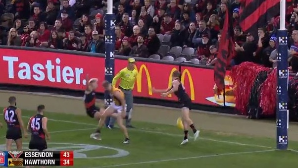 Matt Guelfi and Michael Hurley failed to touch this ball, resulting in a Hawthorn goal after the siren.