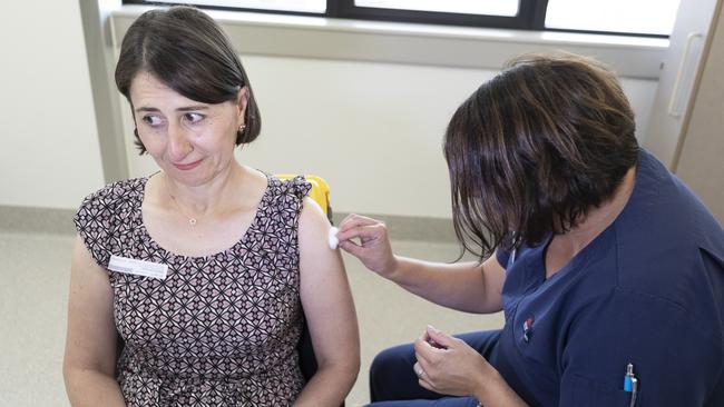 NSW Premier Gladys Berejiklian receives the AstraZeneca vaccine at St George Hospital in Kogarah, Sydney, on Wednesday. Picture: Getty Images