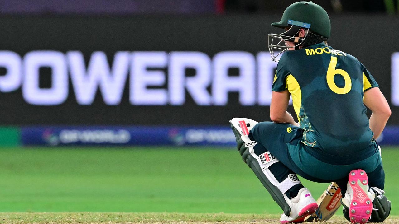 Australia's Beth Mooney reacts after her dismissal. (Photo by Giuseppe CACACE / AFP)